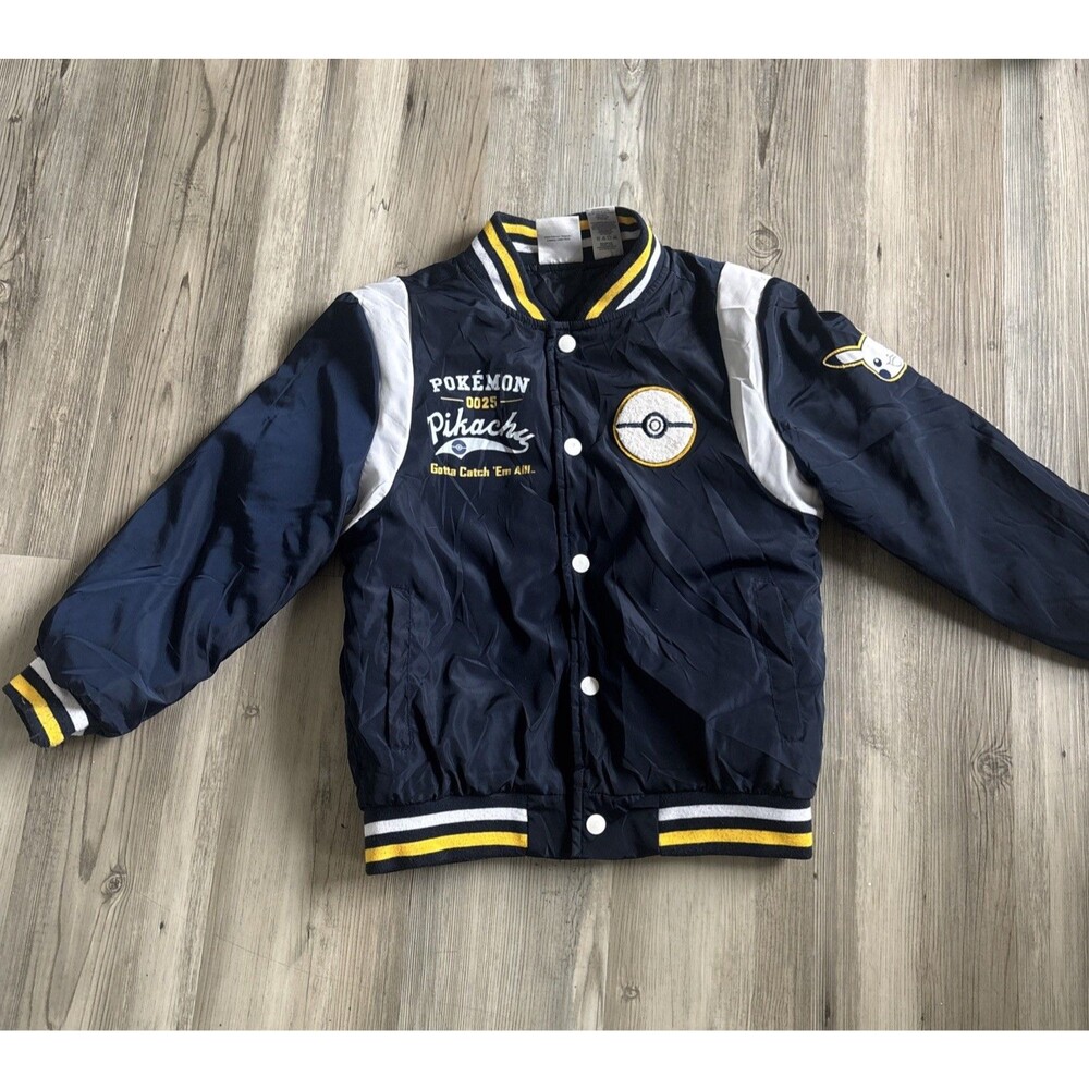 Pokémon 0025 Pikachu Pokeball Catch Em All Navy/Yellow Varsity Jacket Kids Med